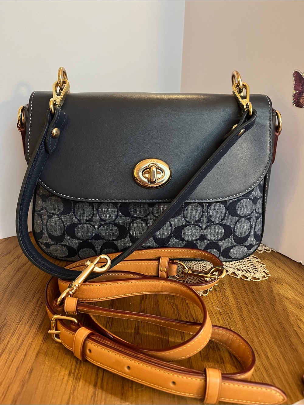 Coach Blue  Signature Shoulder Bag with Tan Strap